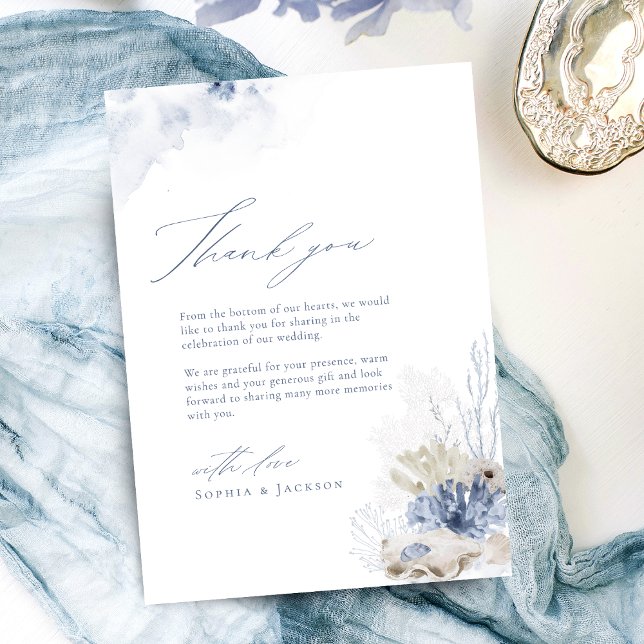 Blue coral & seashells beach themed Thank You Card (Blue coral & seashells beach themed Thank You)