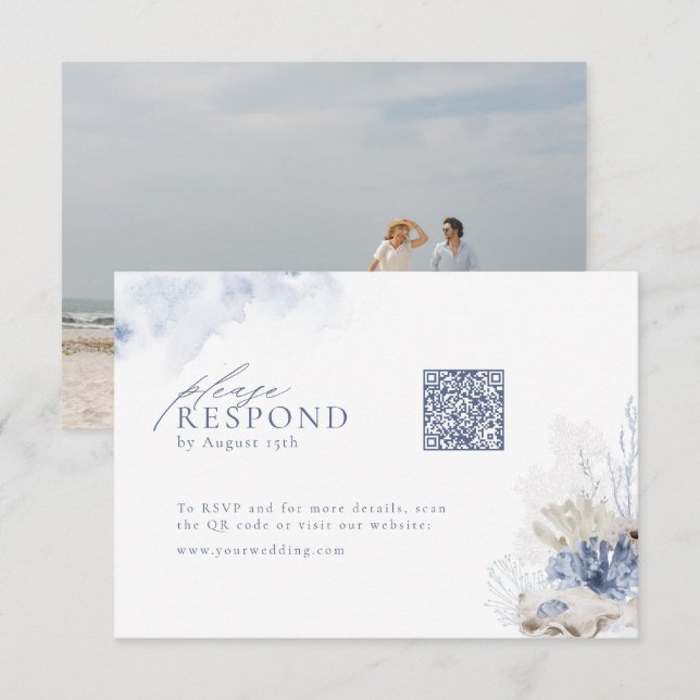 Blue coral & seashells beach wedding QR code  RSVP Card (Front/Back)