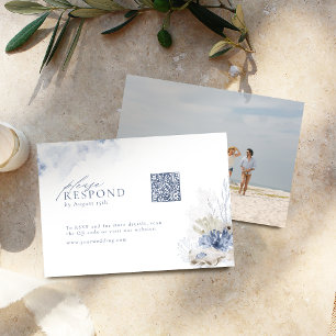 Blue coral & seashells beach wedding QR code RSVP Card
