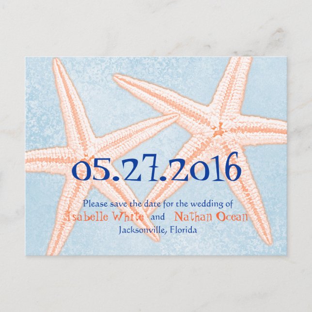 Blue Coral Starfish Save the Date postcards (Front)