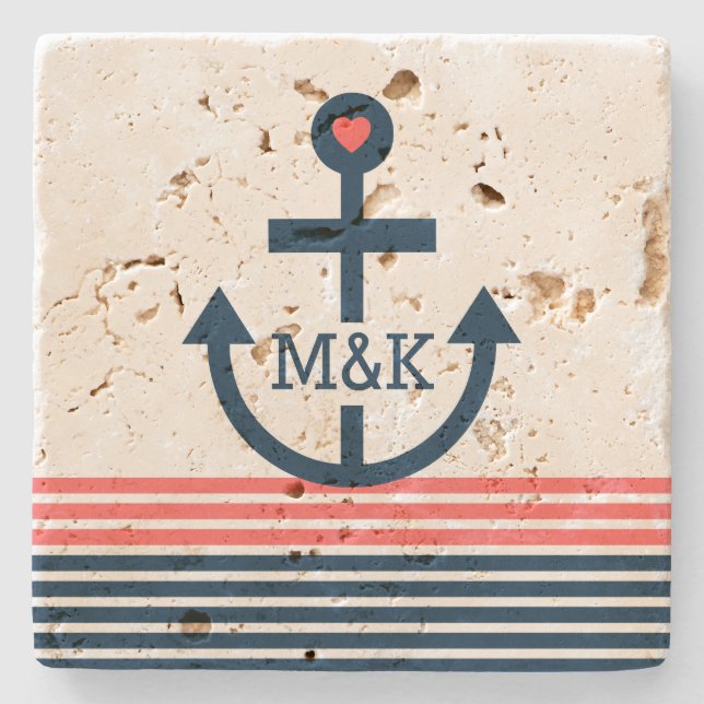 Blue & Coral Stripes With NauticalBoat Anchor Stone Coaster (Front)