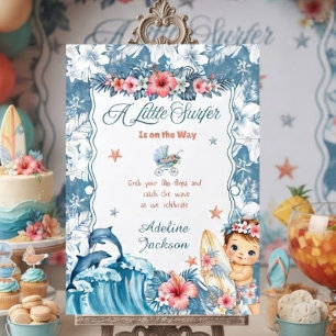 Blue Coral Tropical Little Surfer Baby Shower Invitation