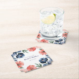 Blue & Coral Watercolor Bouquet Wedding Paper Coaster