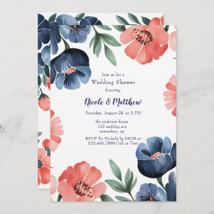 Blue & Coral Watercolor Bouquet Wedding Shower Invitation