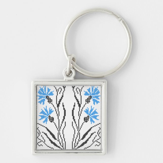 Blue Cornflower cross-stitch design Keychain (Front)