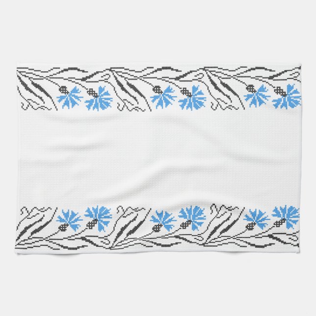 Blue Cornflower cross-stitch design Kitchen Towel (Horizontal)