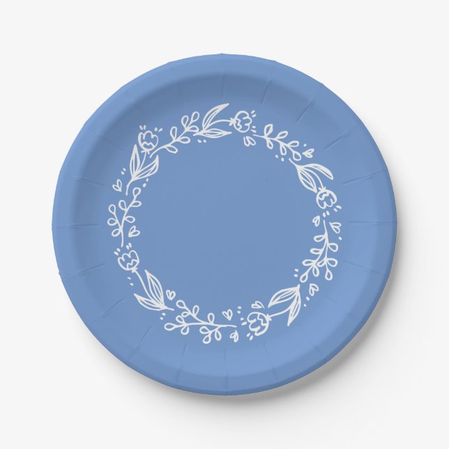 Blue Cornflower Floral Flower Wreath Wedding Paper Plate (Front)