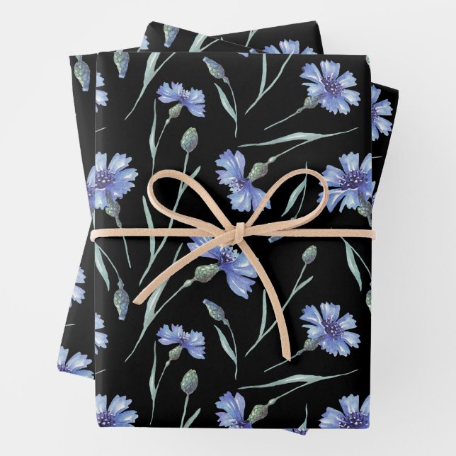 Blue Cornflower Pattern Black Background  Wrapping Paper Sheet (In situ)