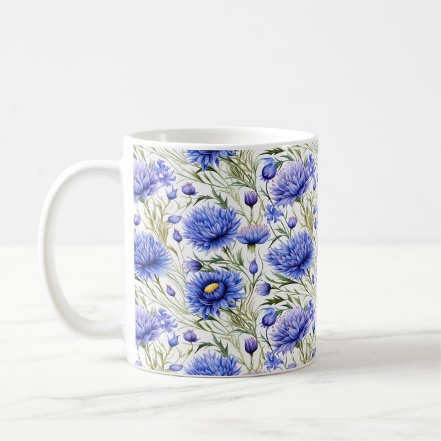 Blue Cornflower Seamless Pattern, Blue Floral Coffee Mug (Left)