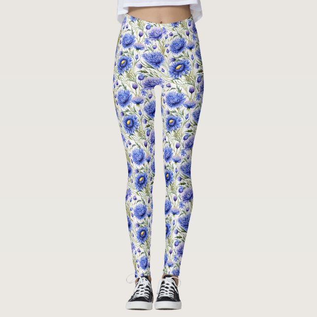 Blue Cornflower Seamless Pattern, Blue Floral Leggings (Front)