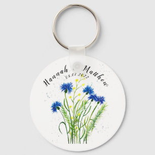 Blue cornflowers floral watercolor pretty Wedding Keychain