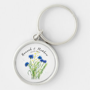 Blue cornflowers floral watercolor pretty Wedding Keychain