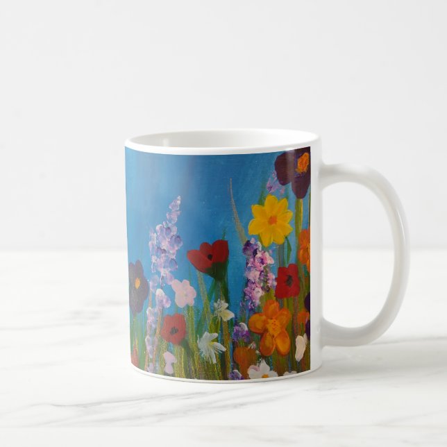 Blue cornflowers in a meadow of wildflowers coffee mug (Right)