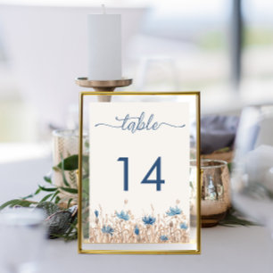 Blue Cornflowers &Wheat Field White Modern Wedding Table Number