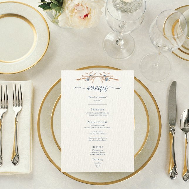 Blue Cornflowers & Wheat Modern Cream Wedding Menu (Blue Cornflowers & Wheat Modern Cream Wedding Menu)