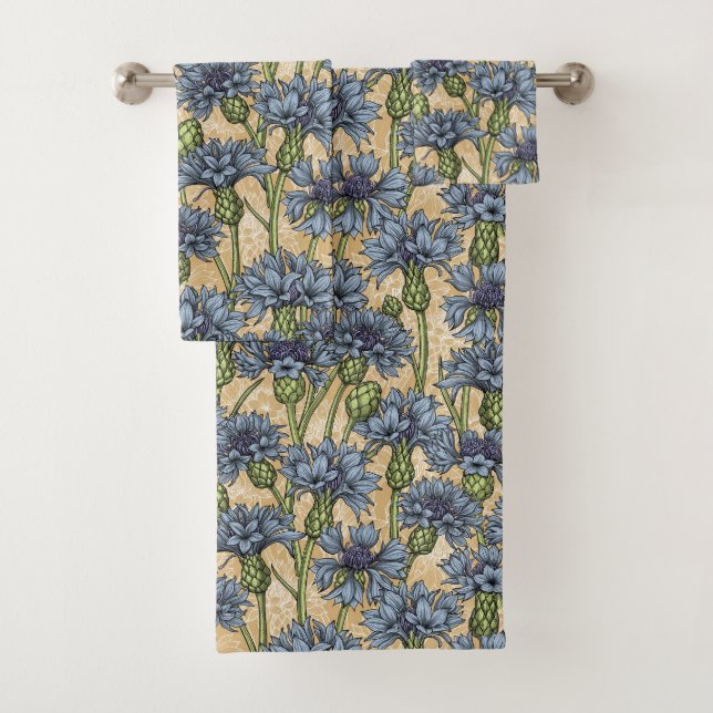 Blue cornflowers, wild flowers on honney yellow bath towel set (Insitu)