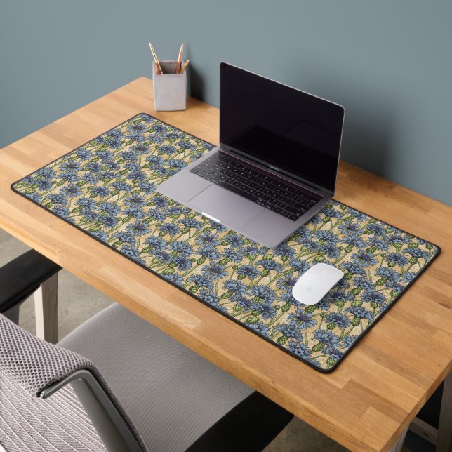 Blue cornflowers, wild flowers on honney yellow desk mat (Office 2)