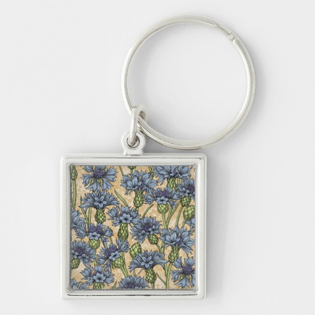 Blue cornflowers, wild flowers on honney yellow keychain (Front)