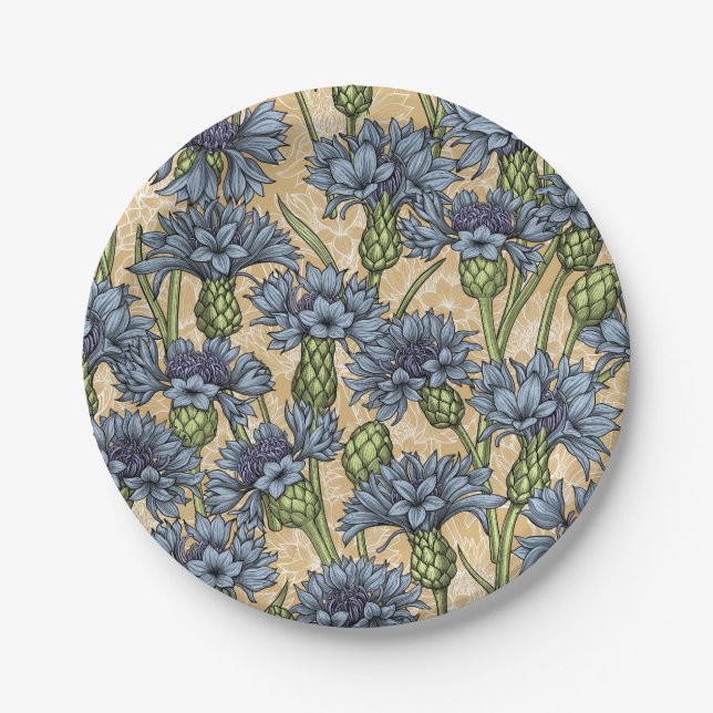 Blue cornflowers, wild flowers on honney yellow paper plate (Front)