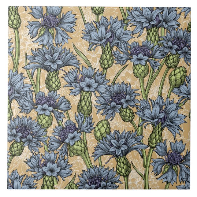 Blue cornflowers, wild flowers on honney yellow tile (Front)