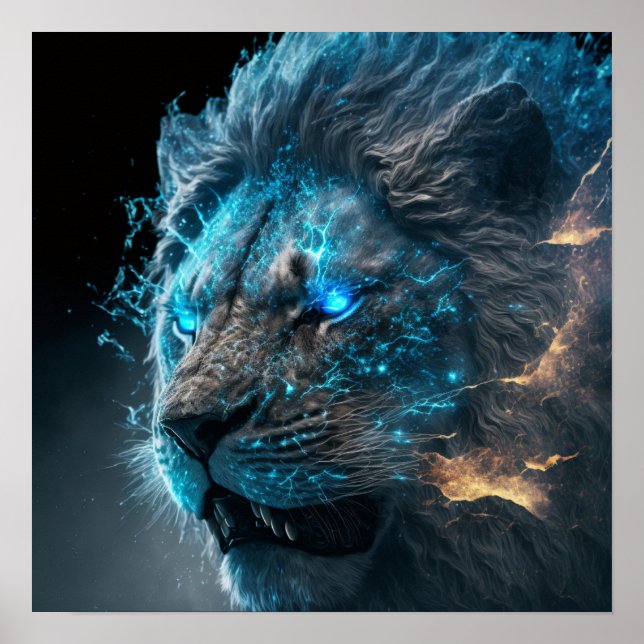 Blue Cosmic Glow Fire Lion Poster (Front)