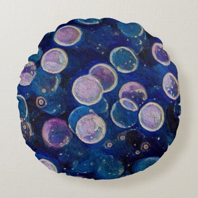 Blue Cosmic Orbs Round Pillow (Front)