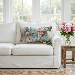 Blue Cottage Bike with Spring Flower Basket Lumbar Pillow