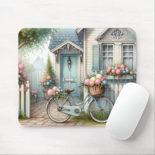 Blue Cottage Bike with Spring Flower Basket Mouse Pad