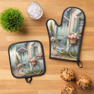 Blue Cottage Bike with Spring Flower Basket Oven Mitt & Pot Holder Set