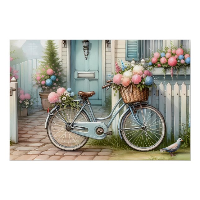 Blue Cottage Bike with Spring Flower Basket Poster (Front)