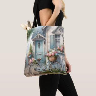 Blue Cottage Bike with Spring Flower Basket Tote Bag