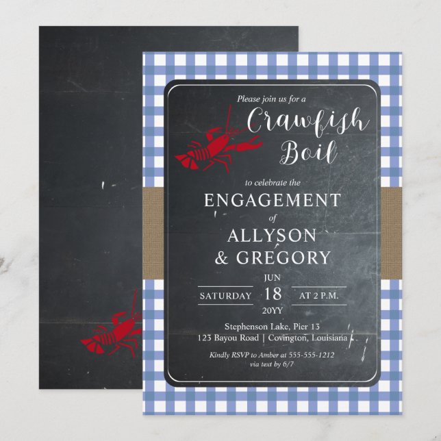 Blue Country Checks Crawfish Boil Engagement Party Invitation (Front/Back)
