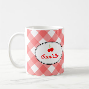 Blue country gingham pattern red cherry personal coffee mug