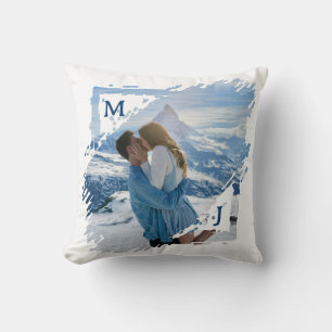 Blue Couple Photo Keepsake First Christmas Engaged Throw Pillow