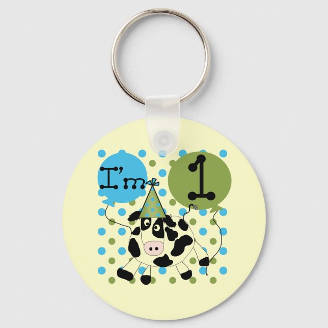 Blue Cow 1st Birthday Tshirts and Gifts Keychain (Front)