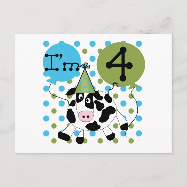 Blue Cow 4th Birthday Tshirts and Gifts Postcard (Front)