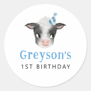 Blue Cow Birthday Party Favor  Classic Round Sticker