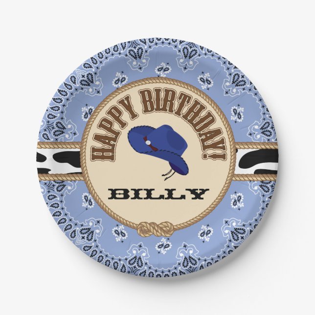Blue Cowboy Birthday, Customizable Plates (Front)