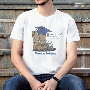 Blue Cowboy Boot Graduation Cap & Flowers T-Shirt