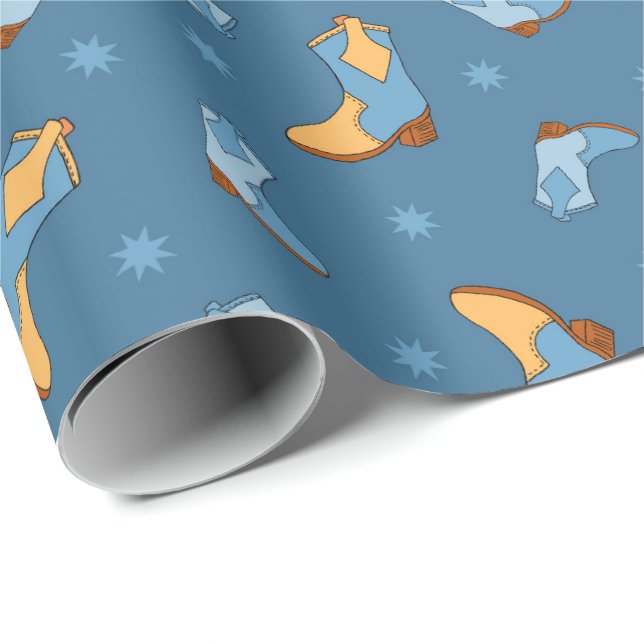 Blue Cowboy Boots Western Patterned Wrapping Paper (Roll Corner)