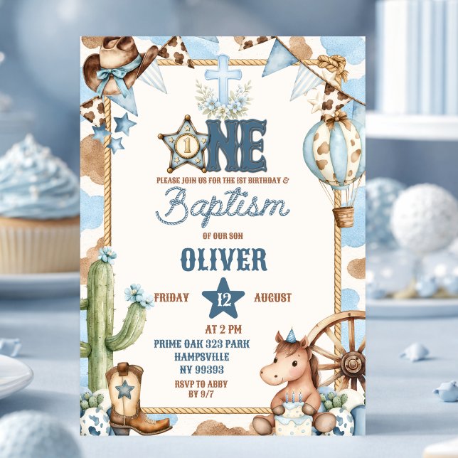 Blue Cowboy First Baptism & Rodeo Party Invitation (Creator Uploaded)