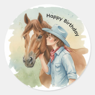 Blue Cowboy Kissing a Horse Birthday Party Classic Round Sticker