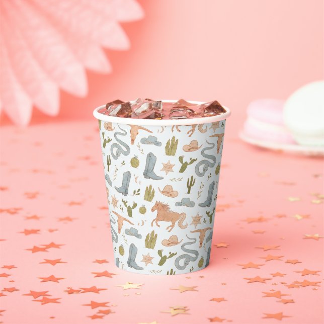 Blue Cowboy Pattern Baby Shower Paper Cups (Insitu)