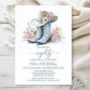Blue Cowgirl Boots and Hat 80th Birthday Party Invitation