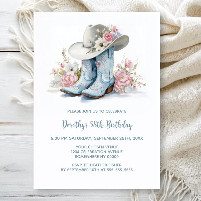 Blue Cowgirl Boots and Hat Birthday Party Invitation (Creator Uploaded)