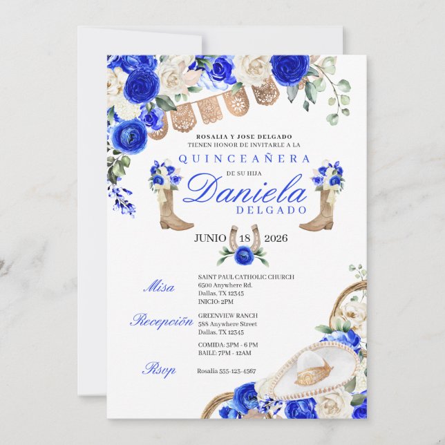 Blue Cowgirl Boots & Ropes Mariachi Quinceañera Invitation (Front)