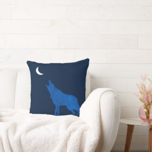 Blue Coyote Howling at the Moon Monogram Two Sided Throw Pillow