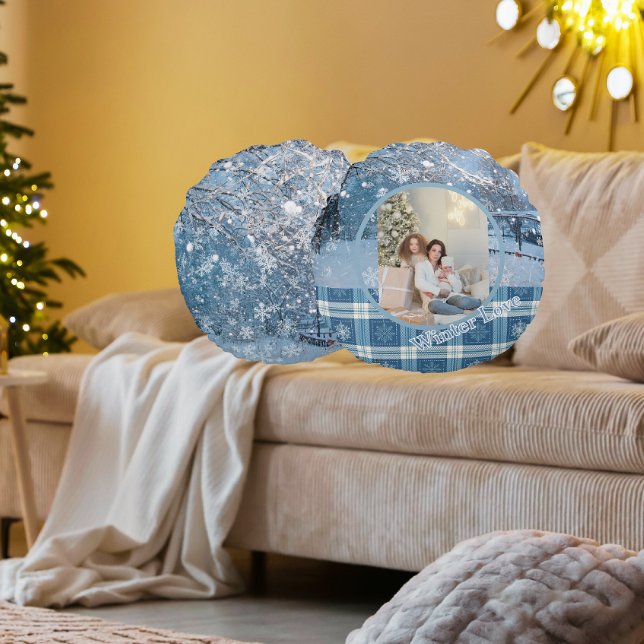 Blue Cozy Plaid Snowy Winter Photo Christmas  Round Pillow (Pillows may appear larger to show details)