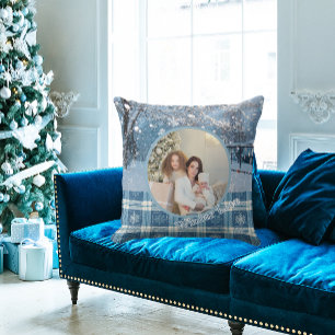 Blue Cozy Plaid Snowy Winter Photo Christmas  Throw Pillow