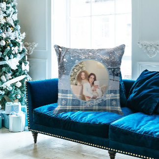 Blue Cozy Plaid Snowy Winter Photo Christmas  Throw Pillow